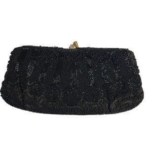 Walborg German Beaded Clutch Vintage Black Rhinestone Kiss Lock Tropical Spirals